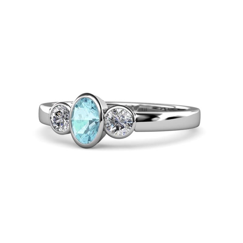 Caron Oval Cut Aquamarine and Diamond Three Stone Engagement Ring 