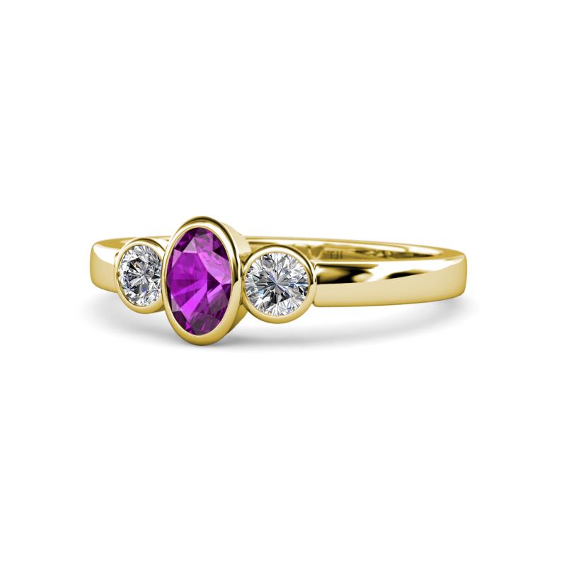 Caron Oval Cut Amethyst and Diamond Three Stone Engagement Ring 