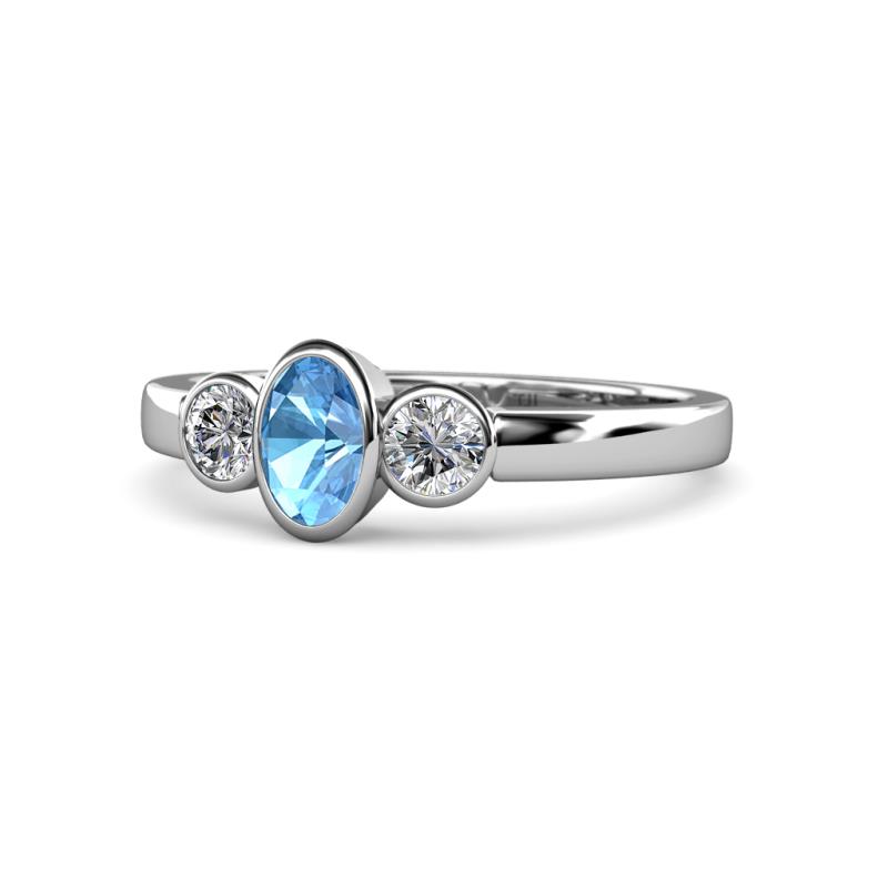 Caron Oval Cut Blue Topaz and Diamond Three Stone Engagement Ring 