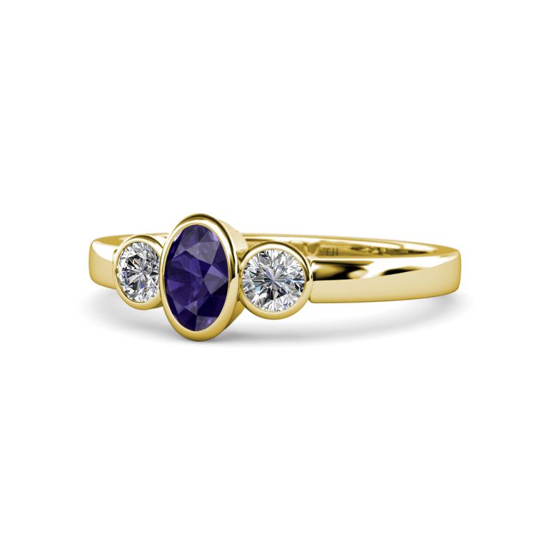Caron Oval Cut Iolite and Diamond Three Stone Engagement Ring 