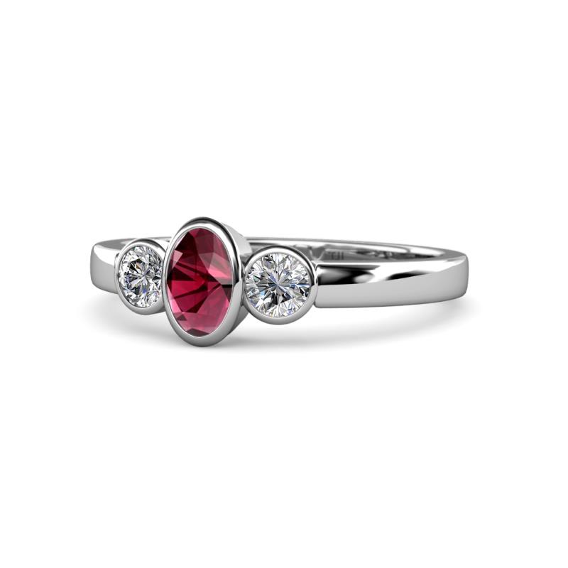 Caron Oval Cut Rhodolite Garnet and Diamond Three Stone Engagement Ring 