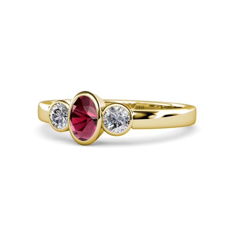 Caron Oval Cut Rhodolite Garnet and Diamond Three Stone Engagement Ring 