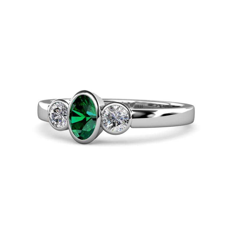 Caron Oval Cut Emerald and Diamond Three Stone Engagement Ring 