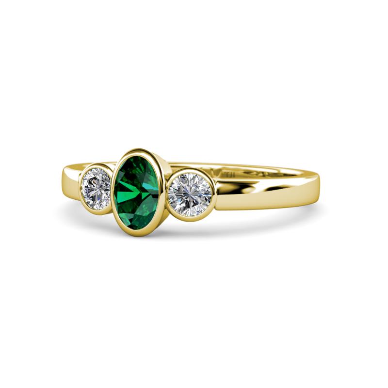 Caron Oval Cut Emerald and Diamond Three Stone Engagement Ring 