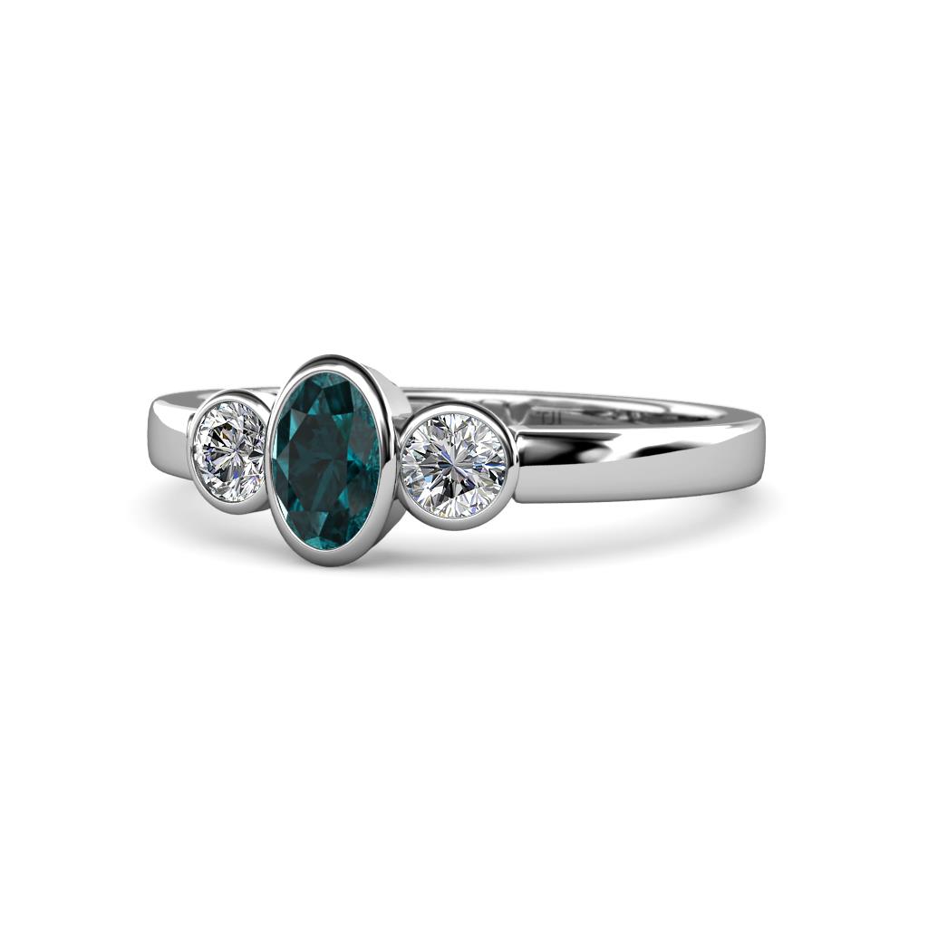 Caron Oval Cut London Blue Topaz and Diamond Three Stone Engagement Ring 