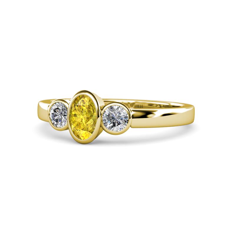 Caron Oval Cut Yellow Sapphire and Diamond Three Stone Engagement Ring 