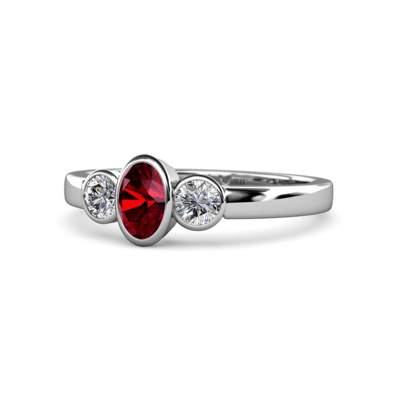 Caron Oval Cut Ruby and Diamond Three Stone Engagement Ring 