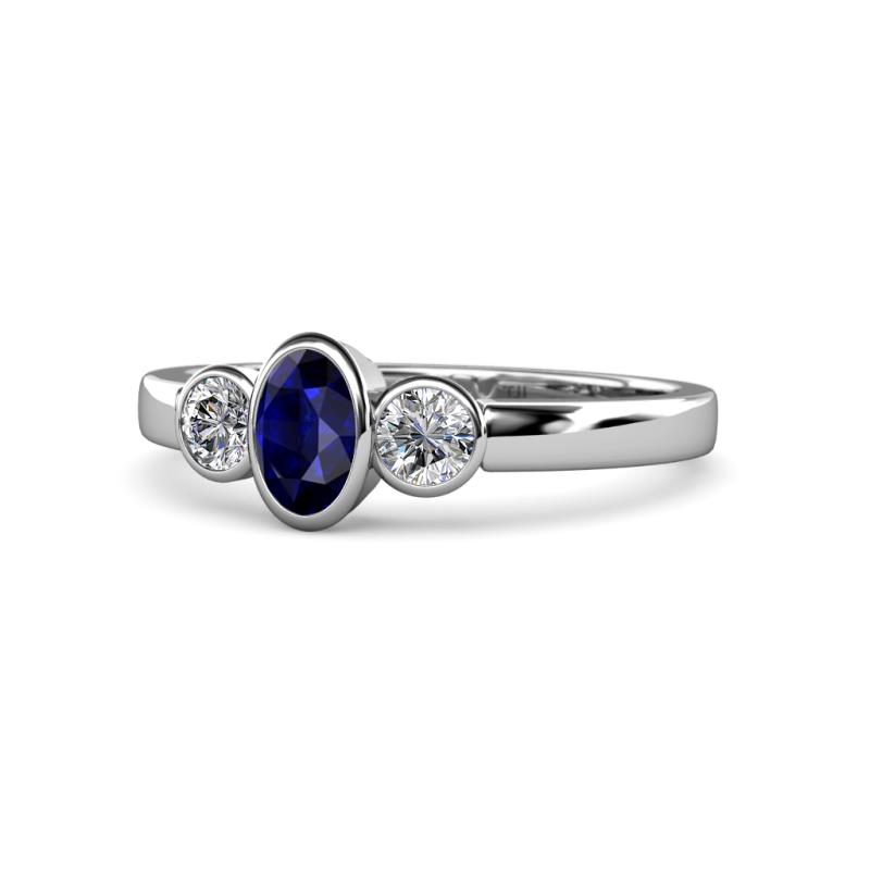 Caron Oval Cut Blue Sapphire and Diamond Three Stone Engagement Ring 