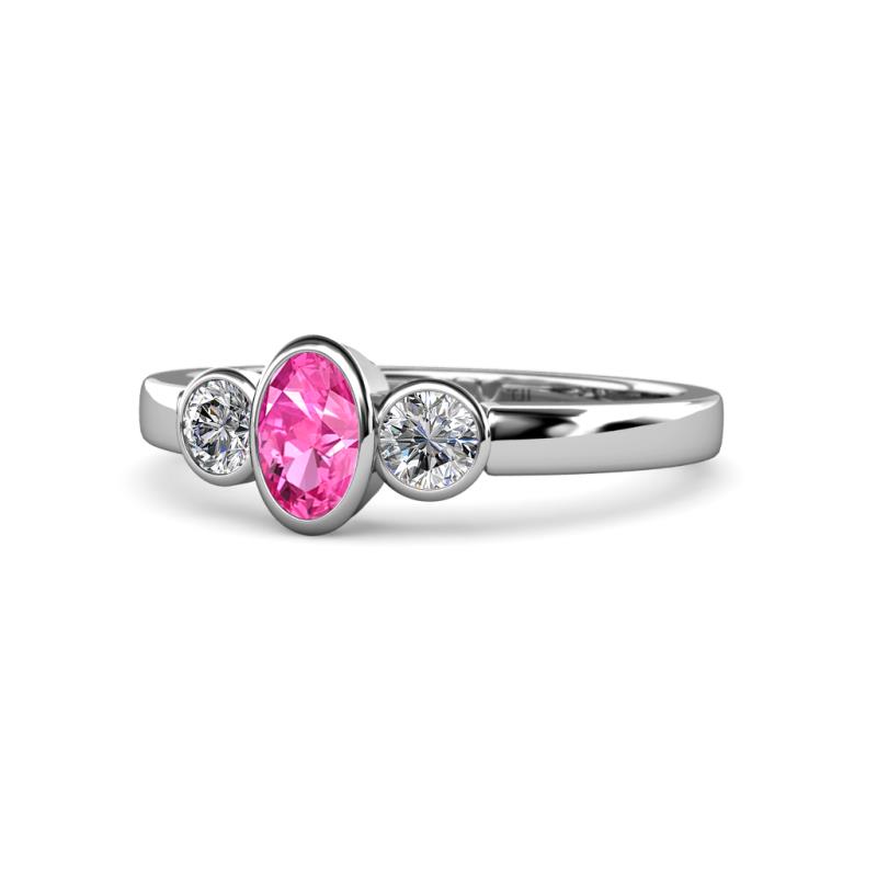 Caron Oval Cut Pink Sapphire and Diamond Three Stone Engagement Ring 