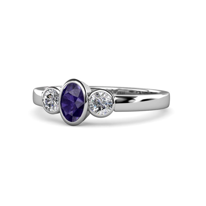 Caron Oval Cut Iolite and Diamond Three Stone Engagement Ring 