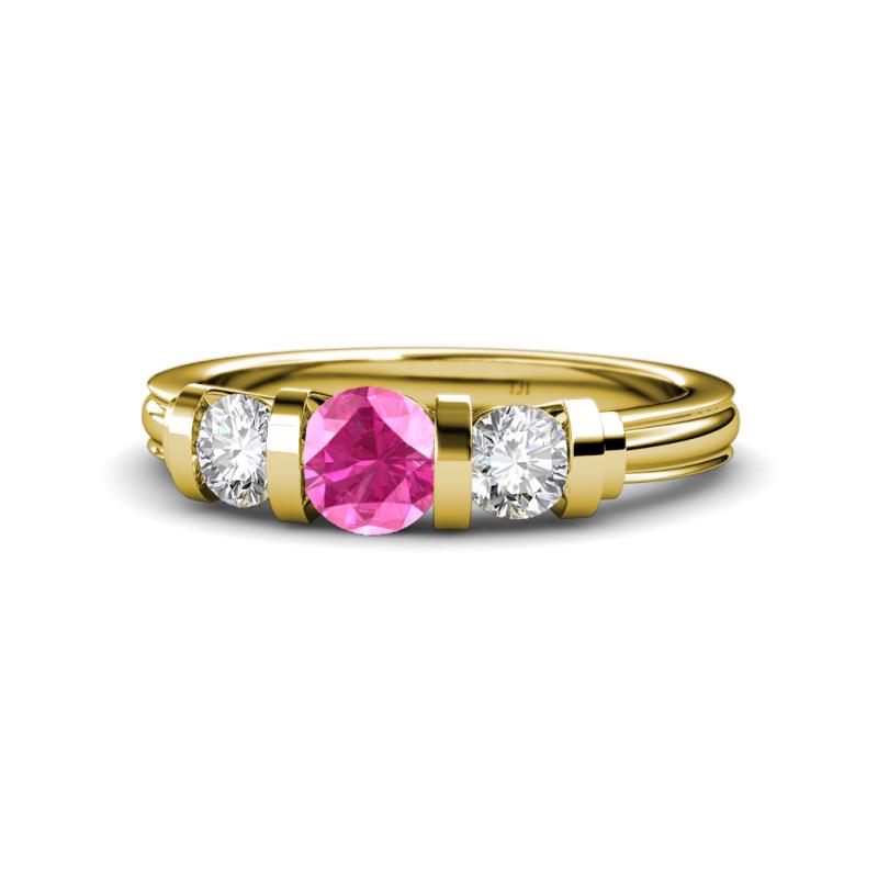 Raea Lab Created Pink Sapphire and Diamond Three Stone Engagement Ring 