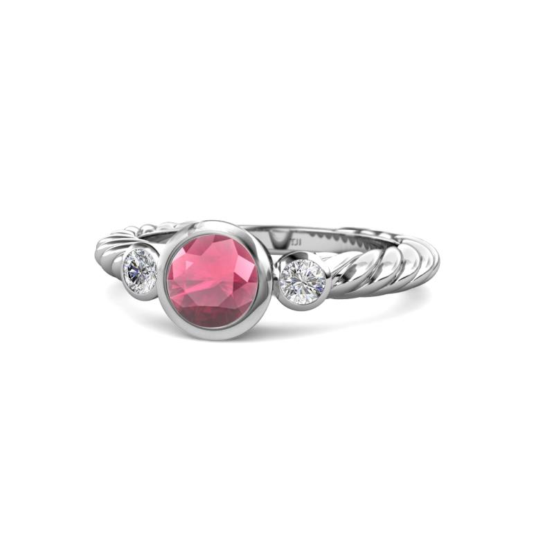 Azalea Rhodolite Garnet and Diamond Three Stone Rope Ring  