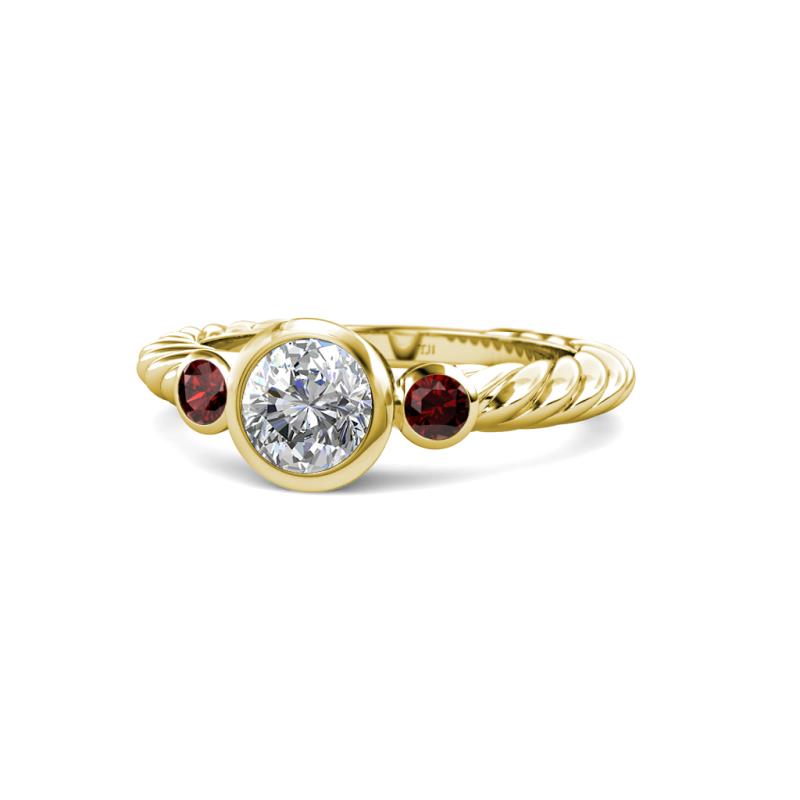 Azalea Diamond and Red Garnet Three Stone Engagement Ring 