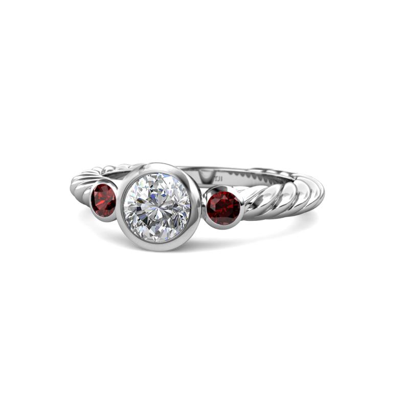 Azalea Diamond and Red Garnet Three Stone Engagement Ring 