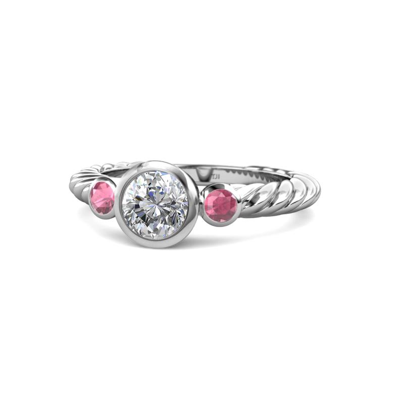 Azalea Diamond and Rhodolite Garnet Three Stone Rope Ring  
