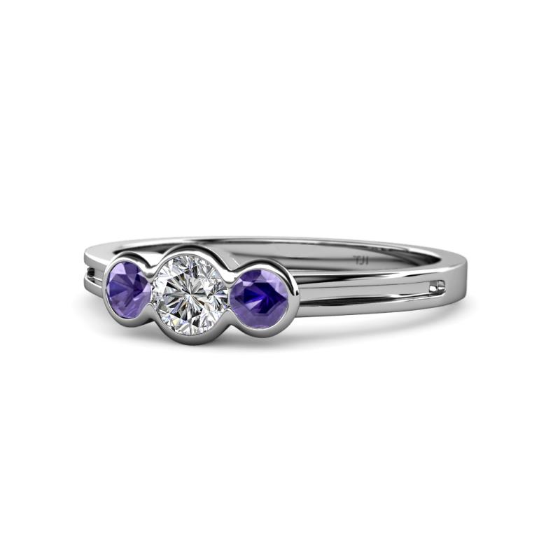 Irina Diamond and Iolite Three Stone Engagement Ring 