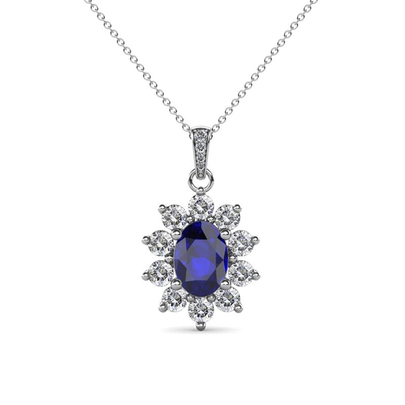 Raizel (7 x 5 mm) Blue Sapphire and Diamond Floral Halo Pendant 