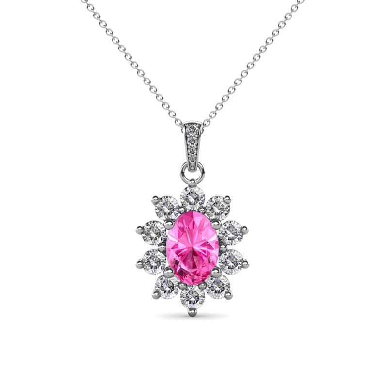 Raizel (7 x 5 mm) Pink Sapphire and Diamond Floral Halo Pendant 