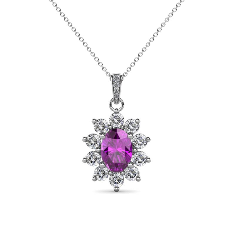 Raizel (7 x 5 mm) Amethyst and Diamond Floral Halo Pendant 