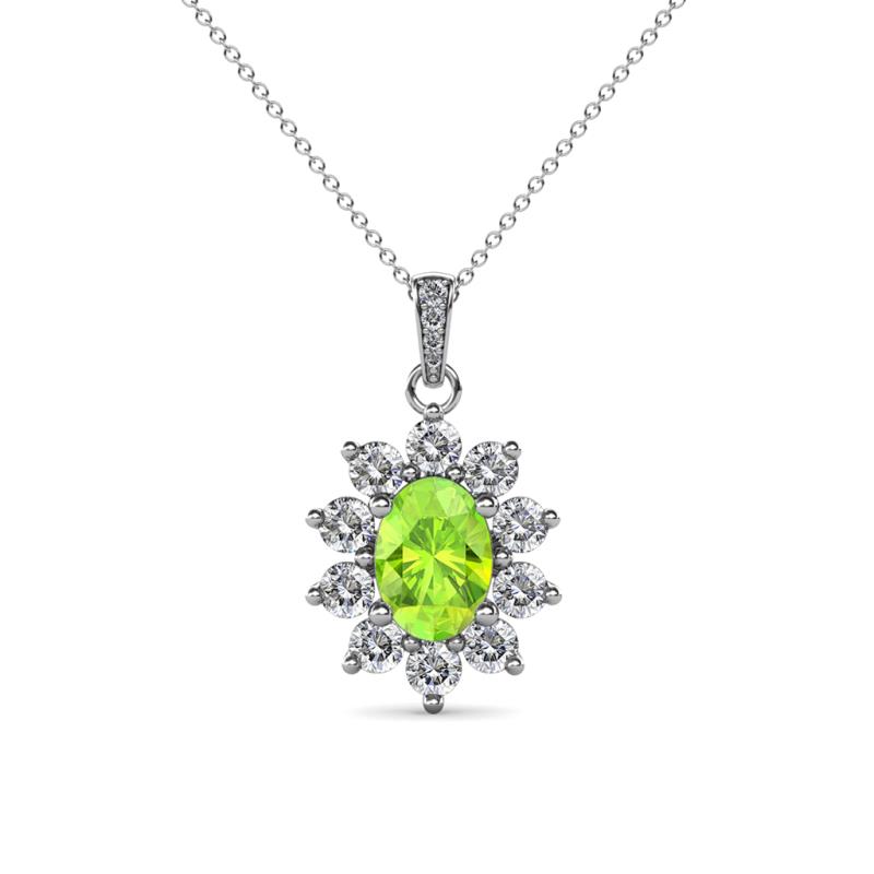 Raizel (7 x 5 mm) Peridot and Diamond Floral Halo Pendant 