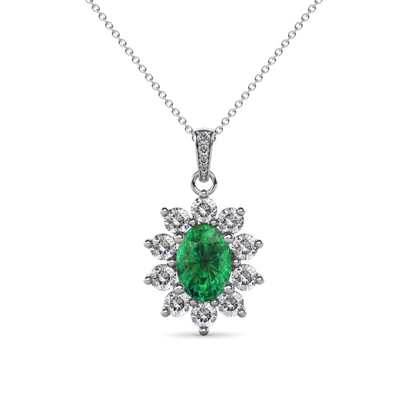 Raizel (7 x 5 mm) Emerald and Diamond Floral Halo Pendant 