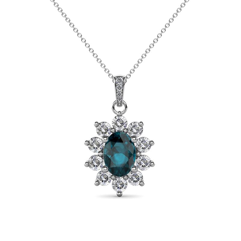 Raizel (7 x 5 mm) London Blue Topaz and Diamond Floral Halo Pendant 