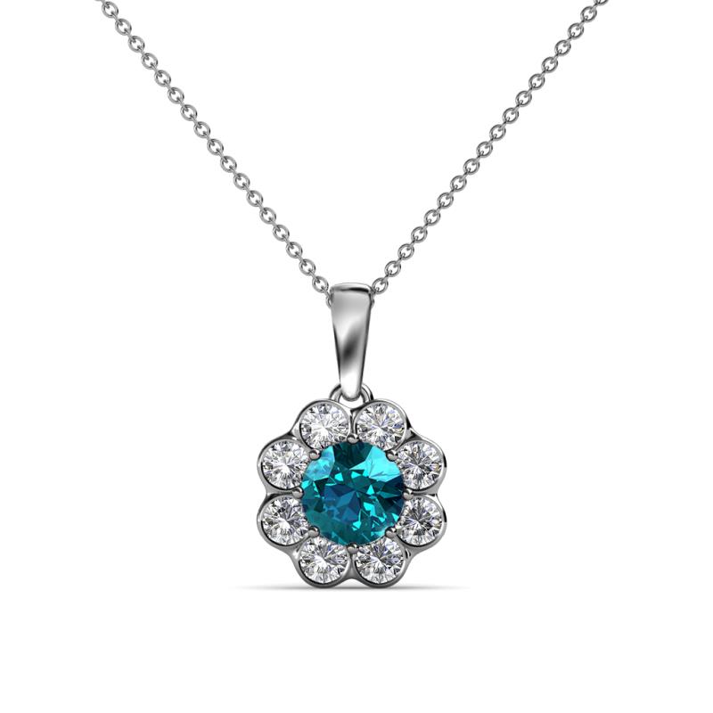 Urania 0.90 ctw London Blue Topaz (5.00 mm) and Lab Grown Diamond Floral Halo Pendant 