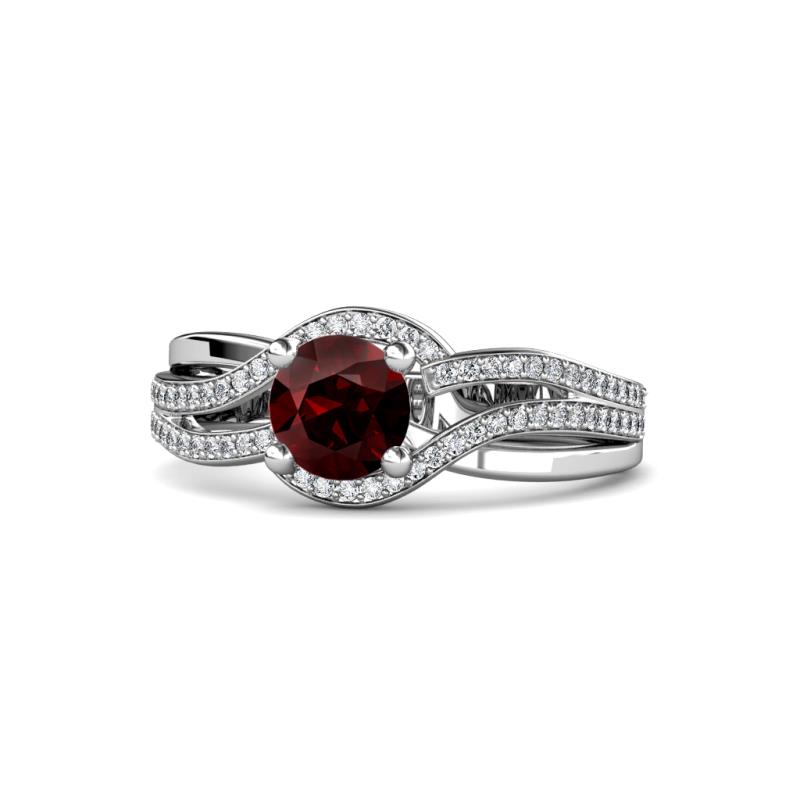 Aimee Signature Red Garnet and Diamond Bypass Halo Engagement Ring 
