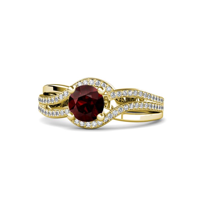Aimee Signature Red Garnet and Diamond Bypass Halo Engagement Ring 