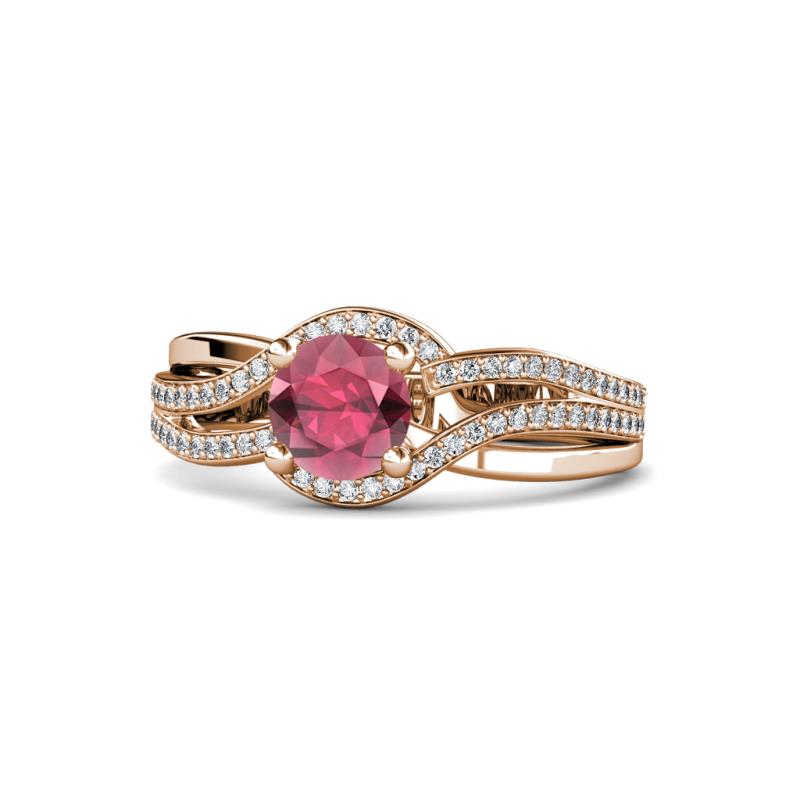 Aimee Signature Rhodolite Garnet and Diamond Bypass Halo Engagement Ring 