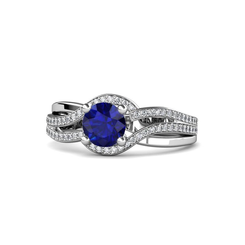 Aimee Signature Blue Sapphire and Diamond Bypass Halo Engagement Ring 