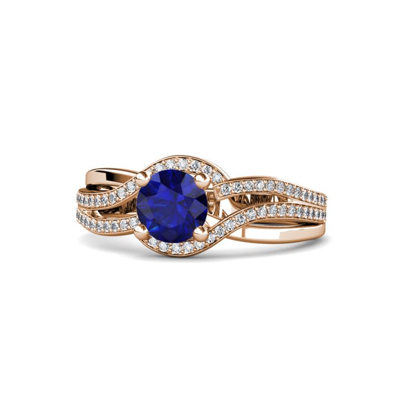 Aimee Signature Blue Sapphire and Diamond Bypass Halo Engagement Ring 