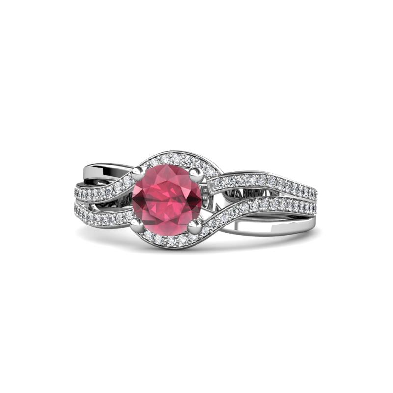 Aimee Signature Rhodolite Garnet and Diamond Bypass Halo Engagement Ring 