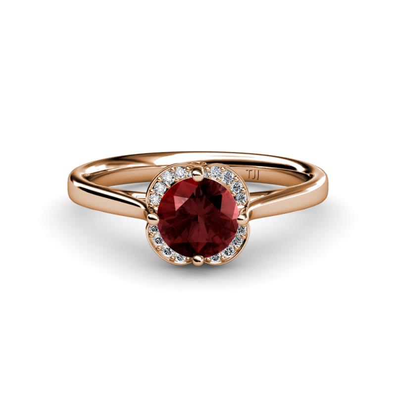 Myrna Round Red Garnet and Diamond Halo Engagement Ring 