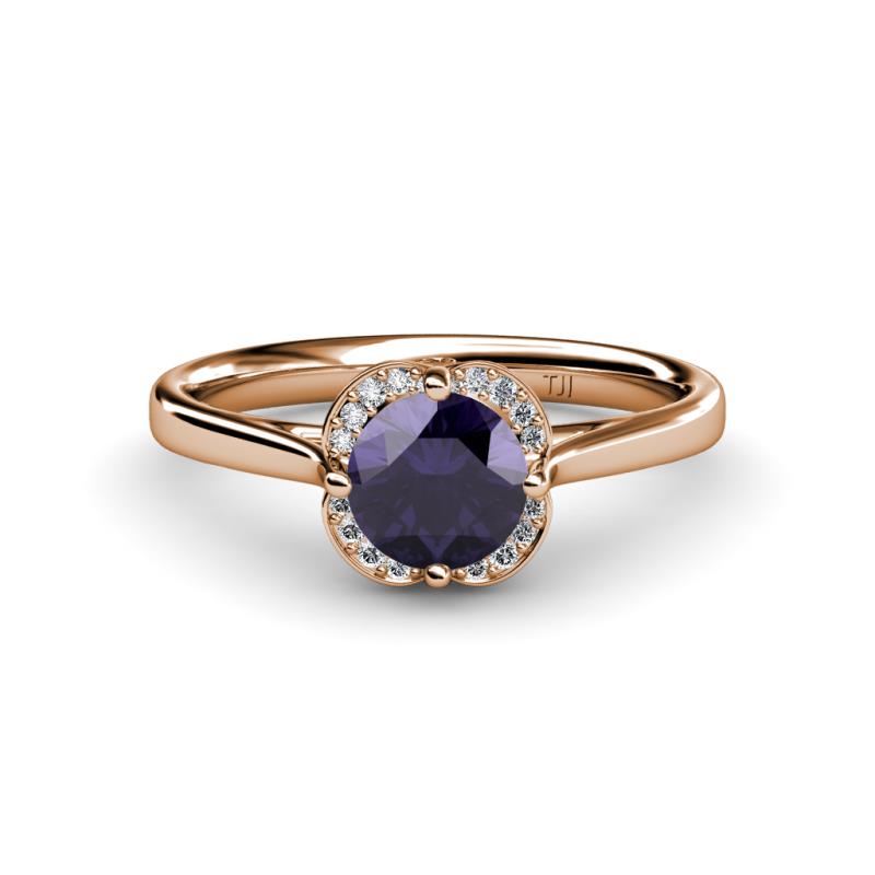 Myrna Round Iolite and Diamond Halo Engagement Ring 