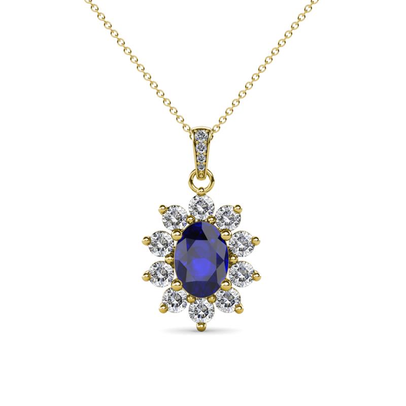 Raizel (7 x 5 mm) Blue Sapphire and Diamond Floral Halo Pendant 