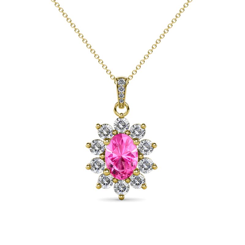 Raizel (7 x 5 mm) Pink Sapphire and Diamond Floral Halo Pendant 