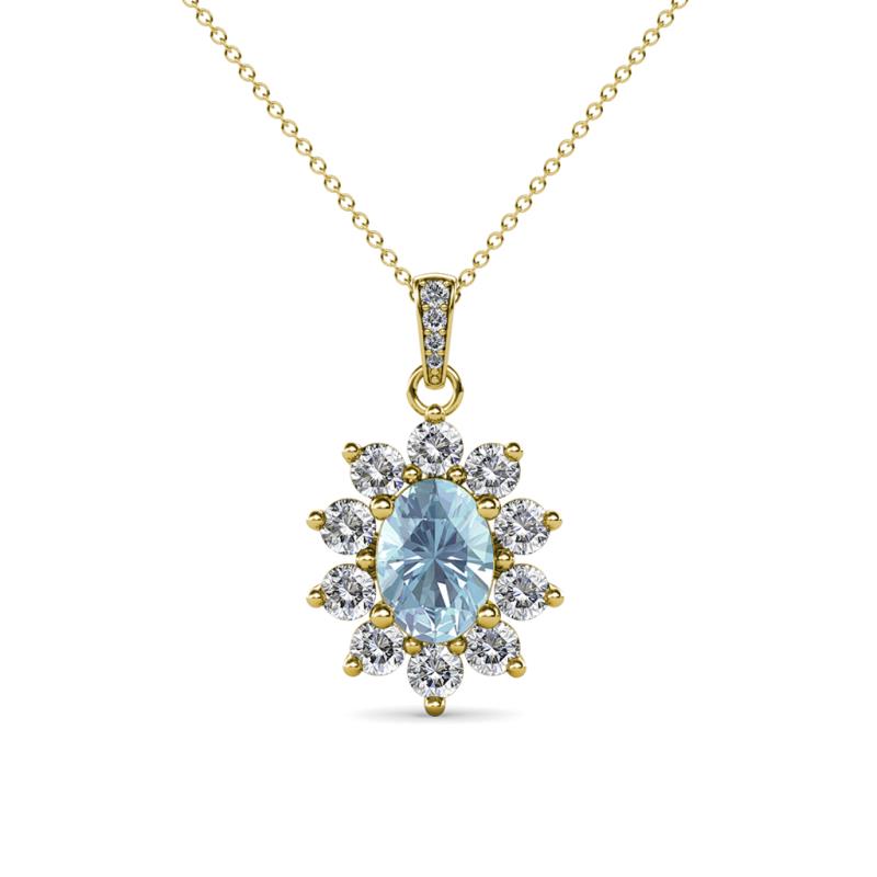 Raizel (7 x 5 mm) Aquamarine and Diamond Floral Halo Pendant 