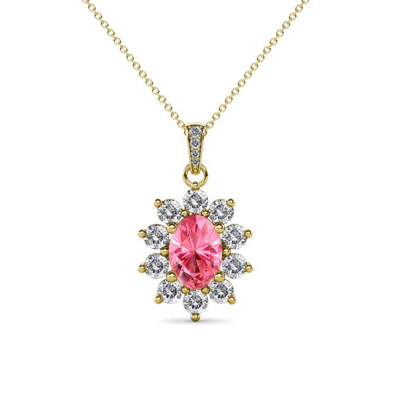 Raizel (7 x 5 mm) Pink Tourmaline and Diamond Floral Halo Pendant 