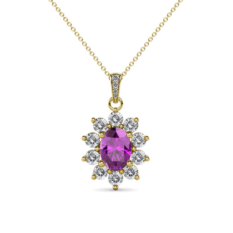 Raizel (7 x 5 mm) Amethyst and Diamond Floral Halo Pendant 