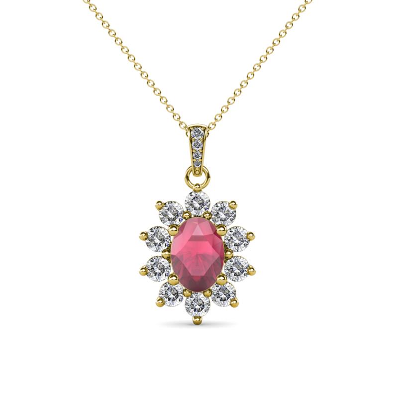 Raizel (7 x 5 mm) Rhodolite Garnet and Diamond Floral Halo Pendant 