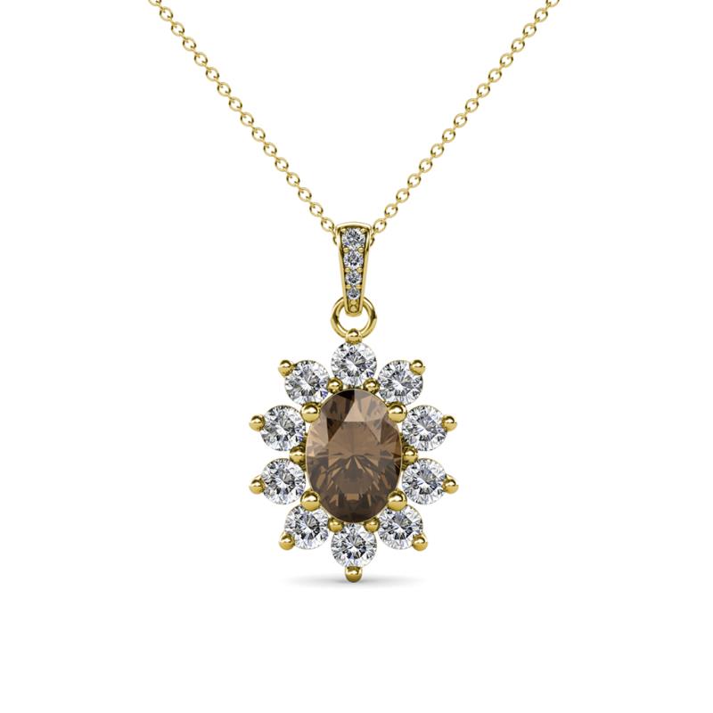 Raizel (7 x 5 mm) Smoky Quartz and Diamond Floral Halo Pendant 