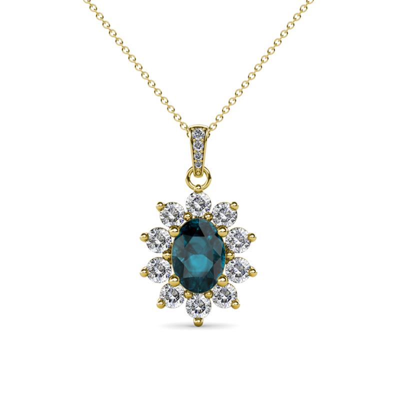 Raizel (7 x 5 mm) London Blue Topaz and Diamond Floral Halo Pendant 