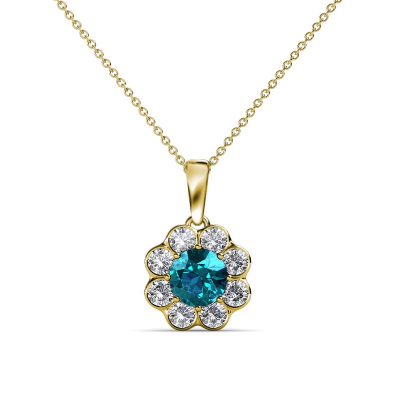 Urania 0.90 ctw London Blue Topaz (5.00 mm) and Lab Grown Diamond Floral Halo Pendant 