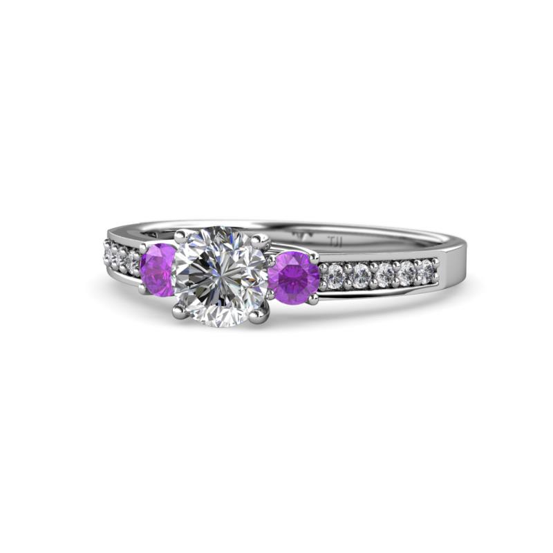 Dzeni Diamond and Amethyst Three Stone Engagement Ring 