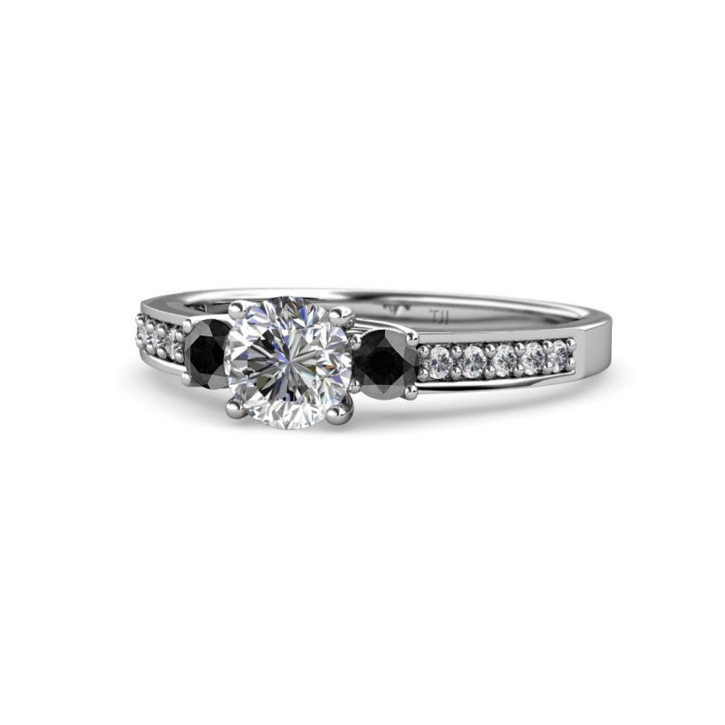 Dzeni Black and White Diamond Three Stone with Side Diamond Ring 