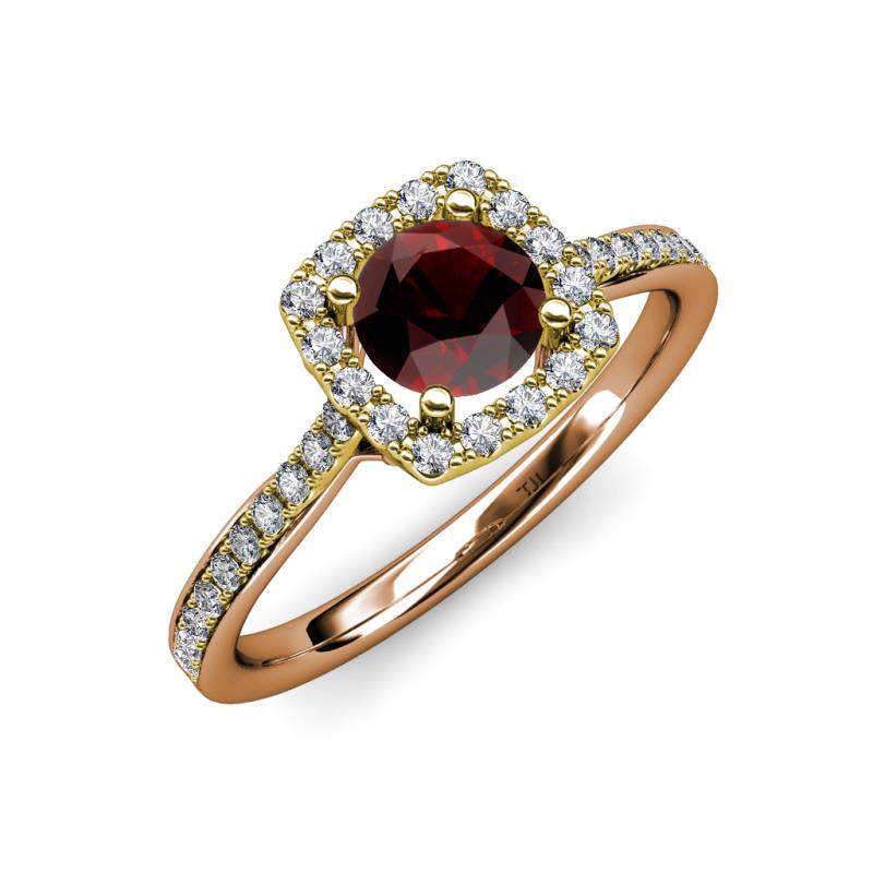 Anne Desire Red Garnet and Diamond Two Tone Halo Engagement Ring  