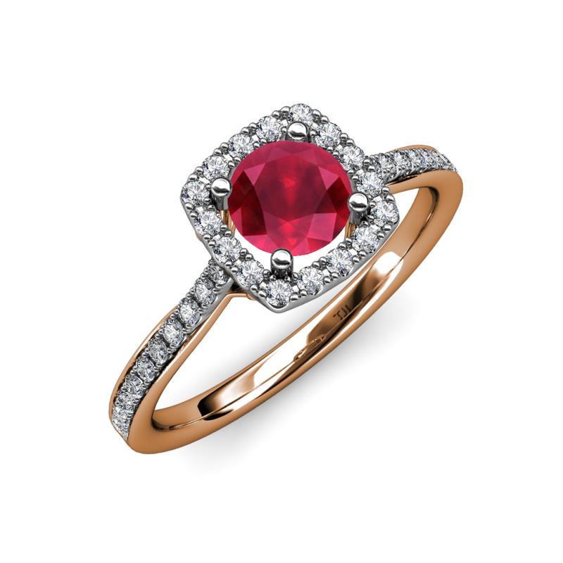 Anne Desire Ruby and Diamond Two Tone Halo Engagement Ring  