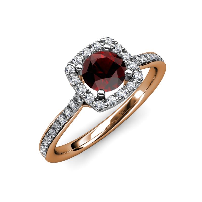Anne Desire Red Garnet and Diamond Two Tone Halo Engagement Ring  