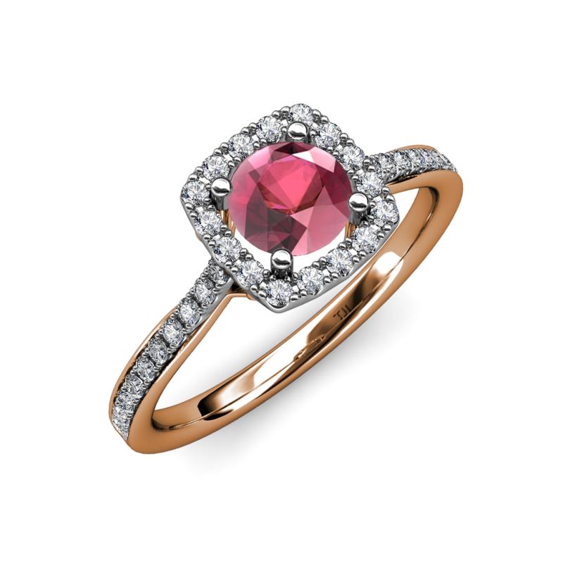 Anne Desire Rhodolite Garnet and Diamond Halo Engagement Ring  